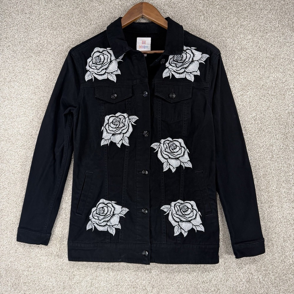 Lularoe Black White Denim Jean Jacket Embroidered Roses Y2K Style Boho Sz S